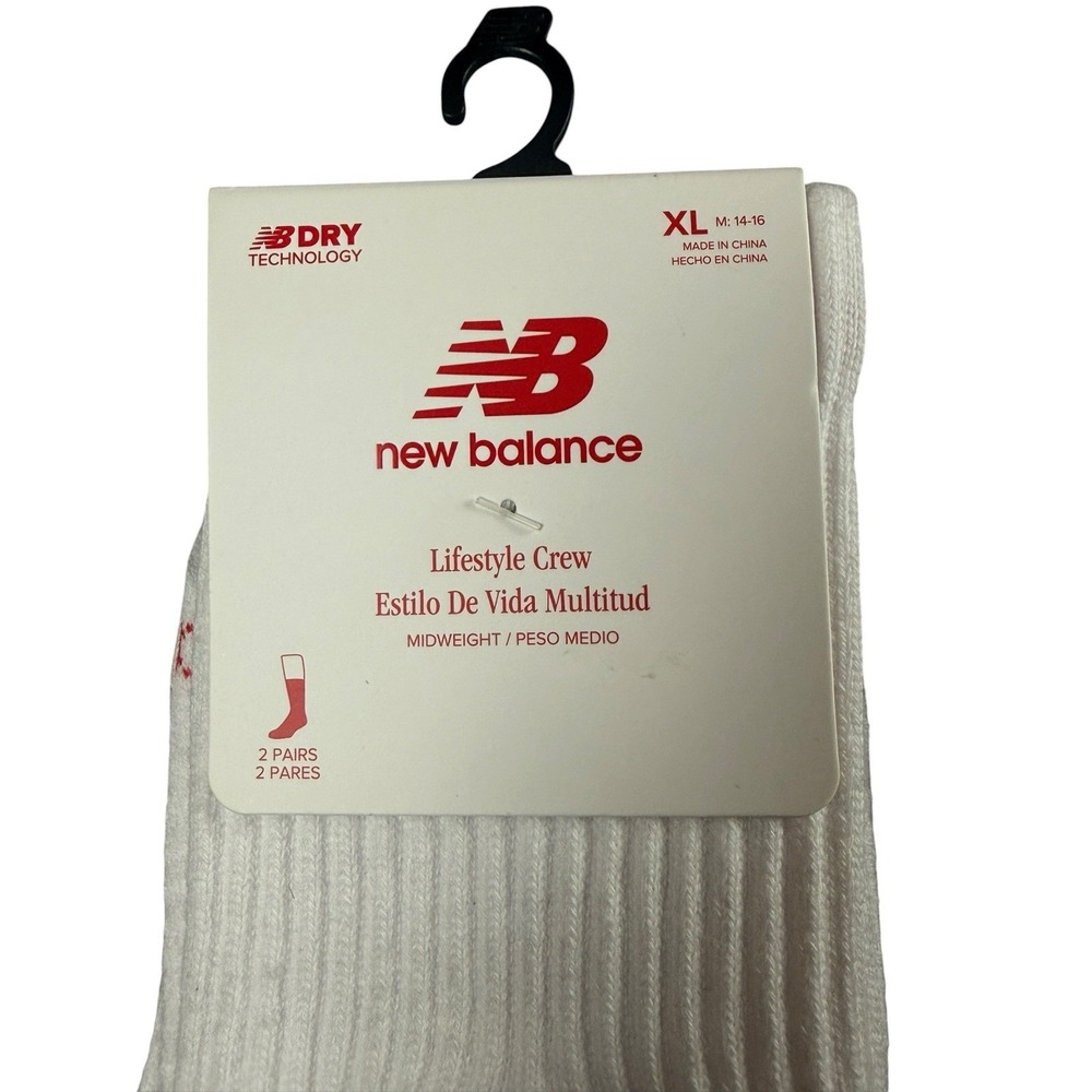 NEW BALANCE Active NB Premium Crew Socks Mens XL 14 16 White 2 Pack NEW